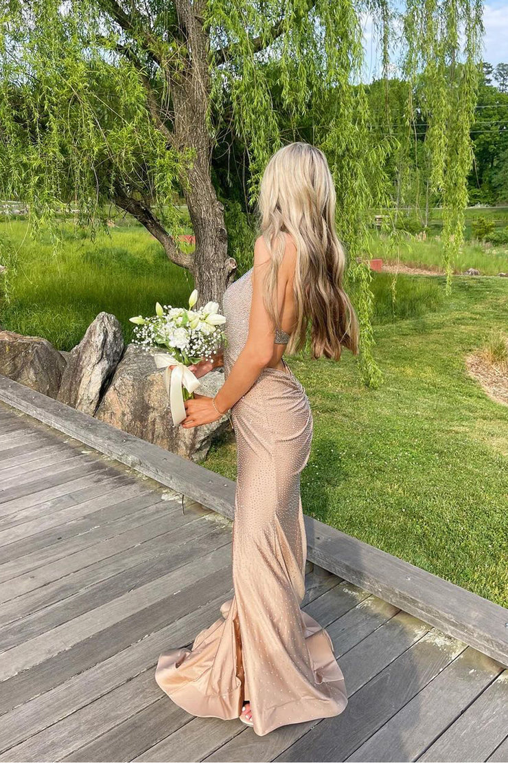 Charming Mermaid Halter Champagne Sparkly Slit Prom Dresses