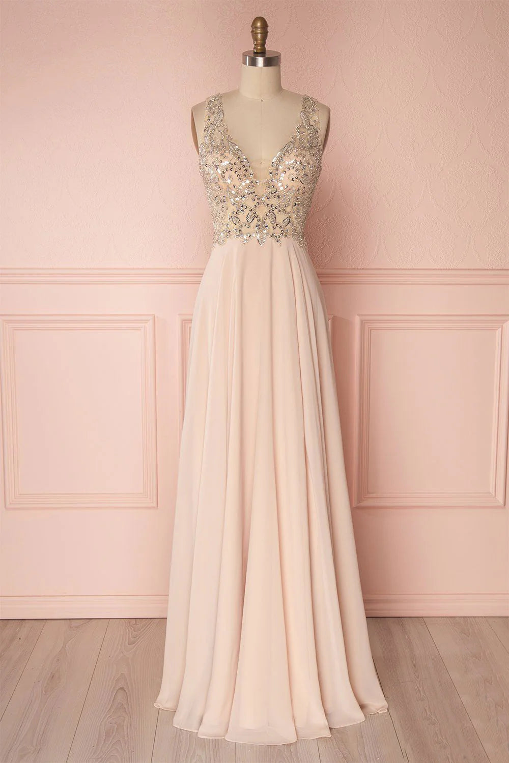 Pink v neck beads sequin long prom dress pink evening dress