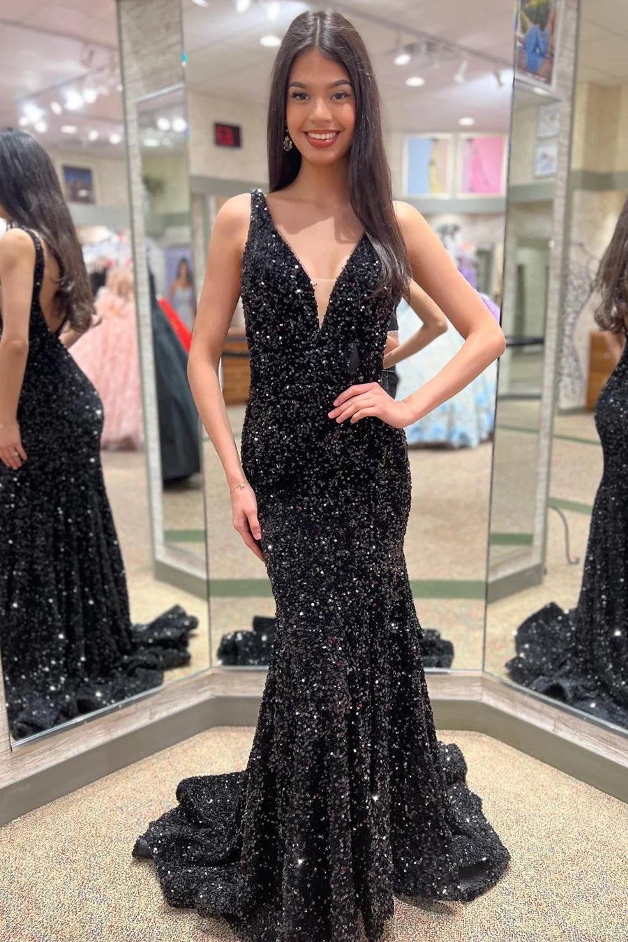 Glitter Plunge Pink Sequin Trumpet Long Formal Dress