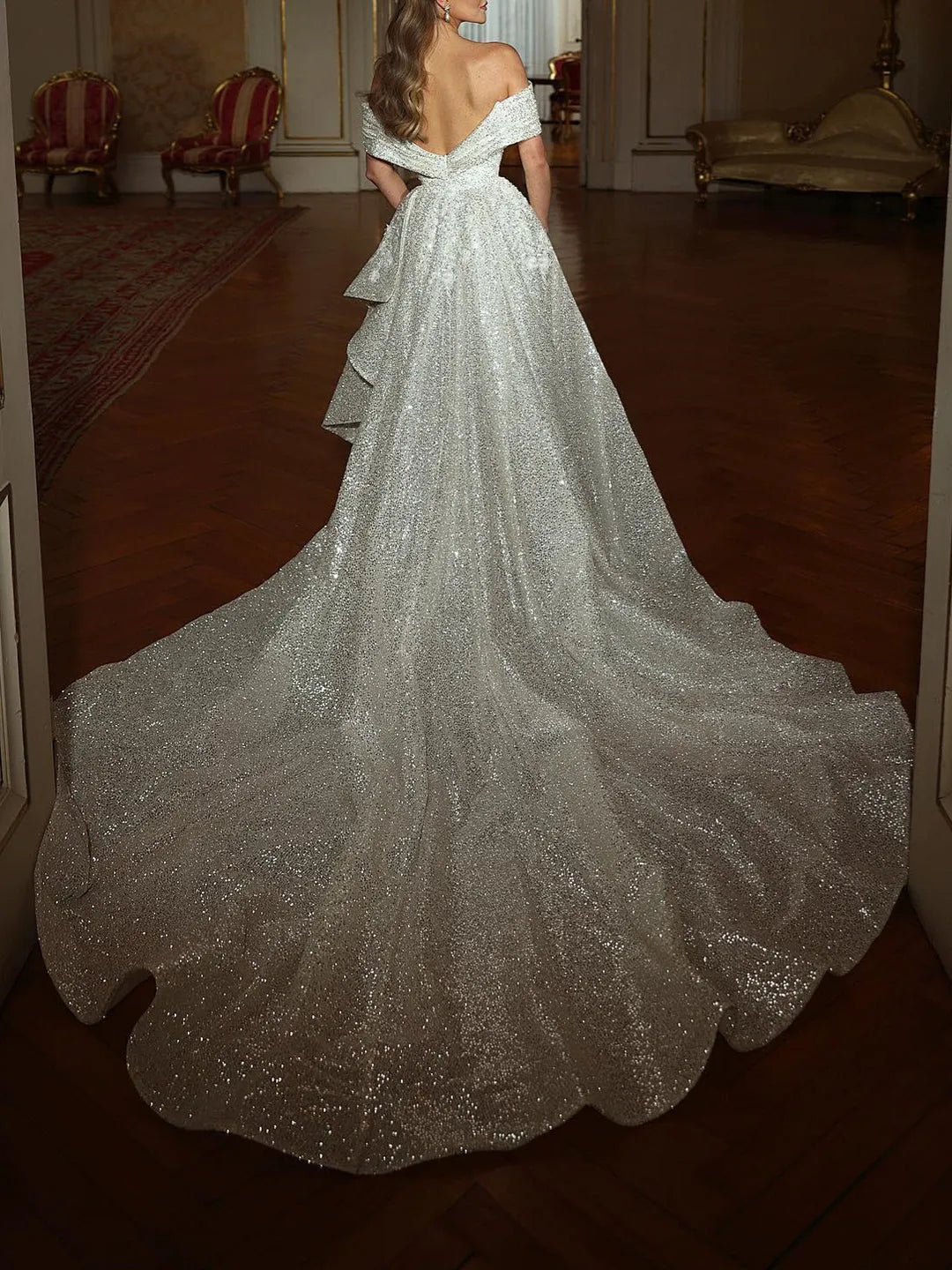 Silver Sequin Off  Shoulder Prom Dress Mermaid Silhouette Draped Ruffles