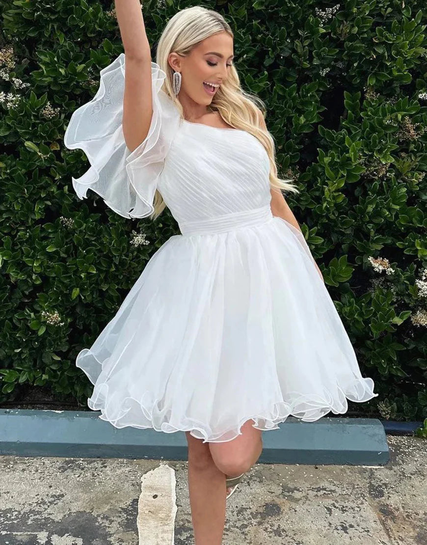 One Shoulder White A Line Cute Homecoming Dress with Ruffles