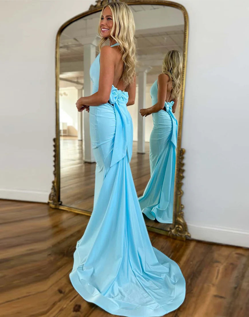 Mermaid Blue Halter Bow Lace-up Prom Dress with Sweep Train