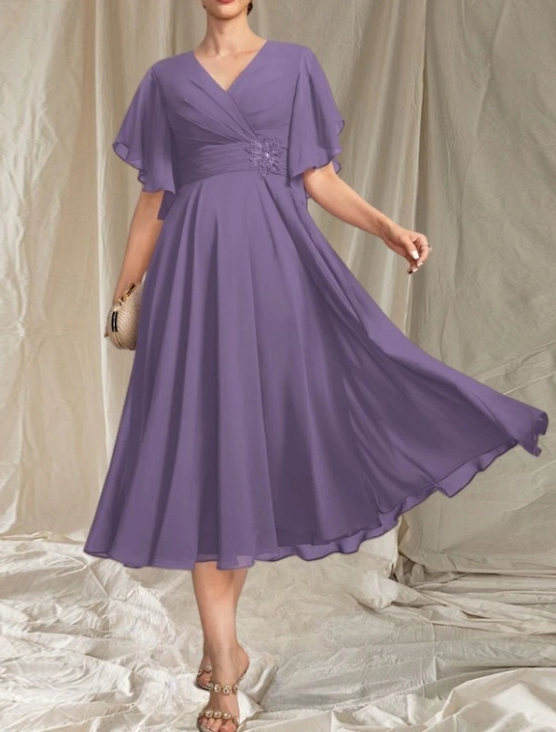 A-Line Mother of the Bride Dress Wedding Guest Elegant V Neck Tea Length Chiffon Short Sleeve with Appliques Ruching Midi Dress