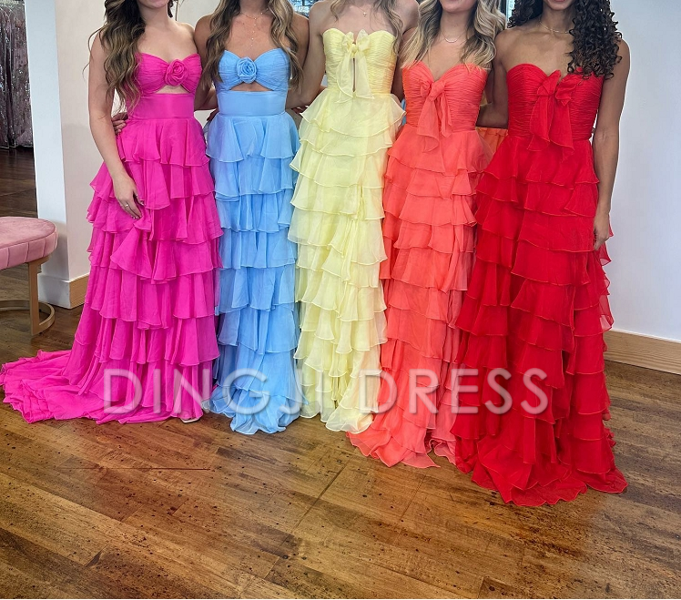 DingJiDress Cute A-Line Sweetheart Strapless Tiered Chiffon Side Fork Elegant Prom Dress