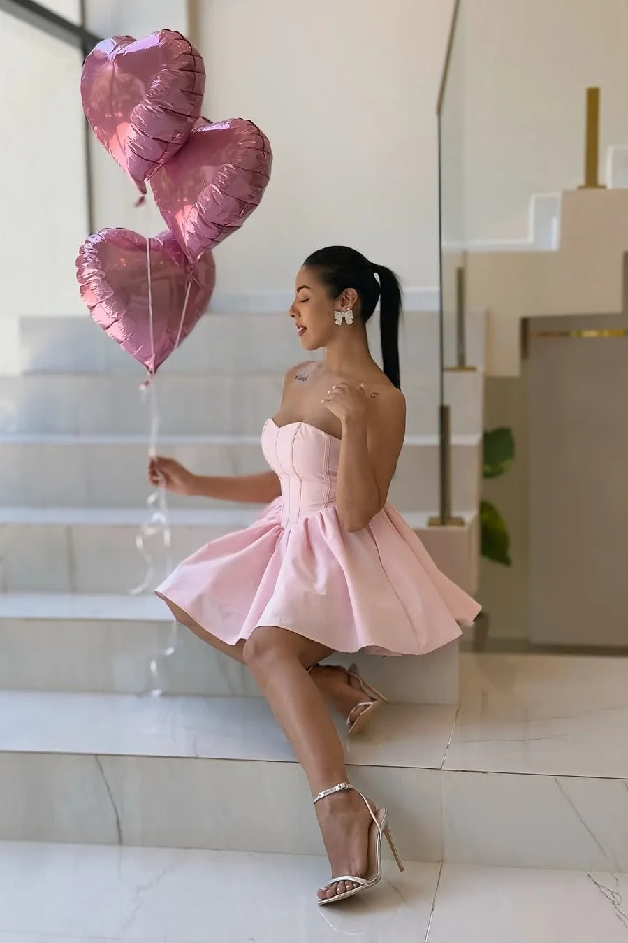 Pink Sleeveless Strapless Sweetheart Short Homecoming Dress