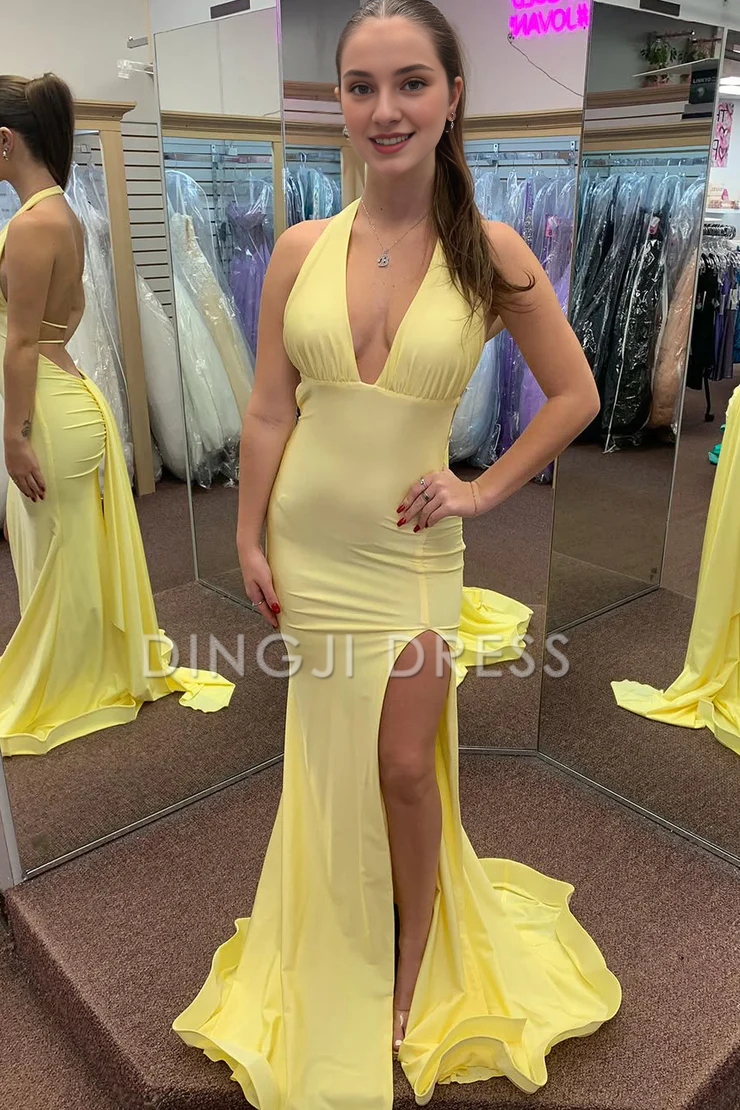 DingJiDress Charming Mermaid Halter Kntting Backless Satin Side Fork Long Fashion Prom Dress