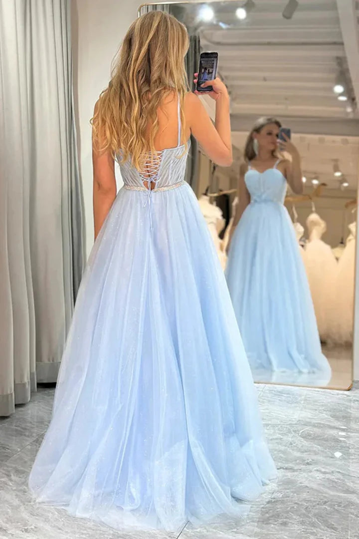 Light blue A-line long sheer party dress, ball dress
