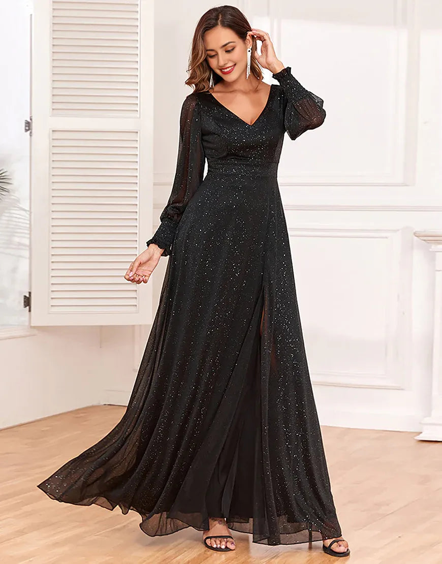 Glitter A-Line Long Sleeves Black Mother of The Bride Dress with Slit
