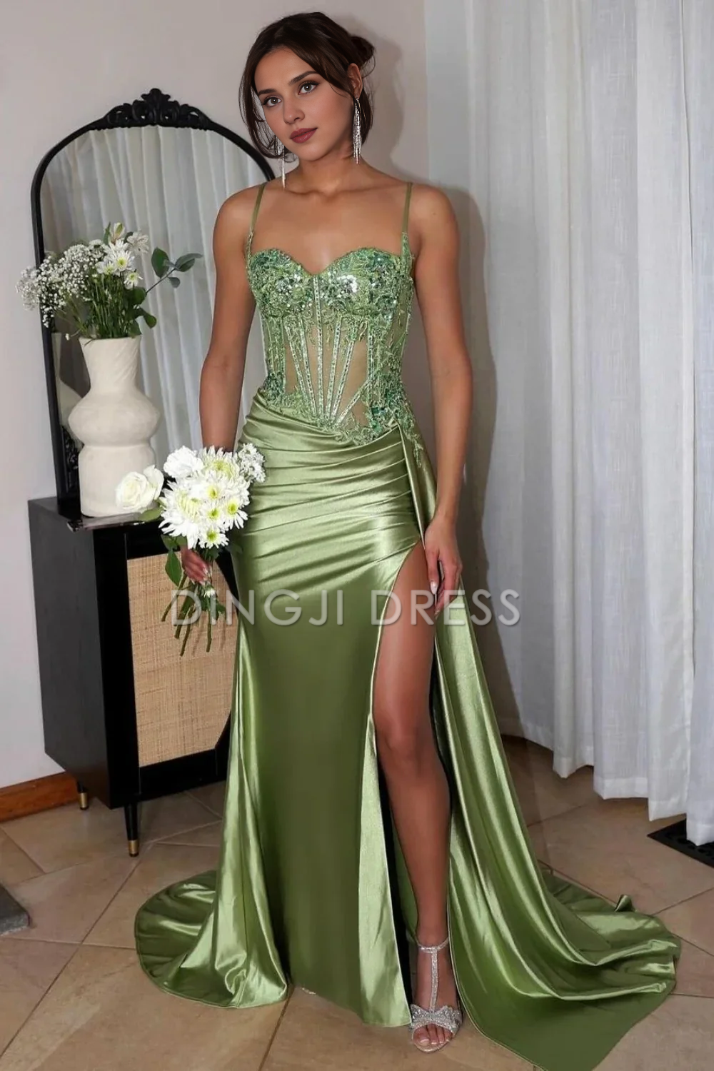 DingJiDress Stunning Mermaid Spaghetti Straps Pleated Long Glitter High Slit Luxurious Prom Dress
