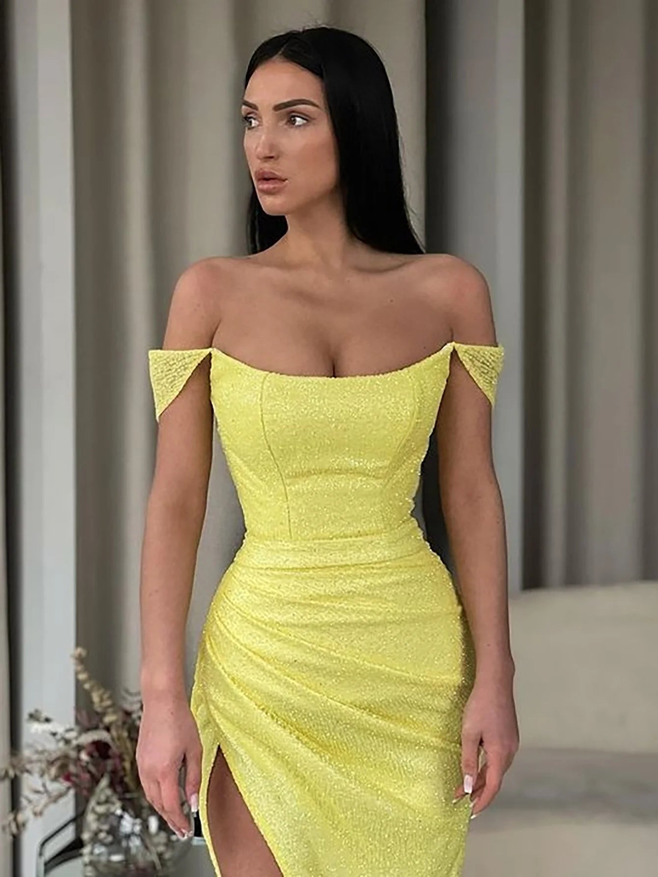 Yellow Off the Shoulder Long Prom Dress With Slit