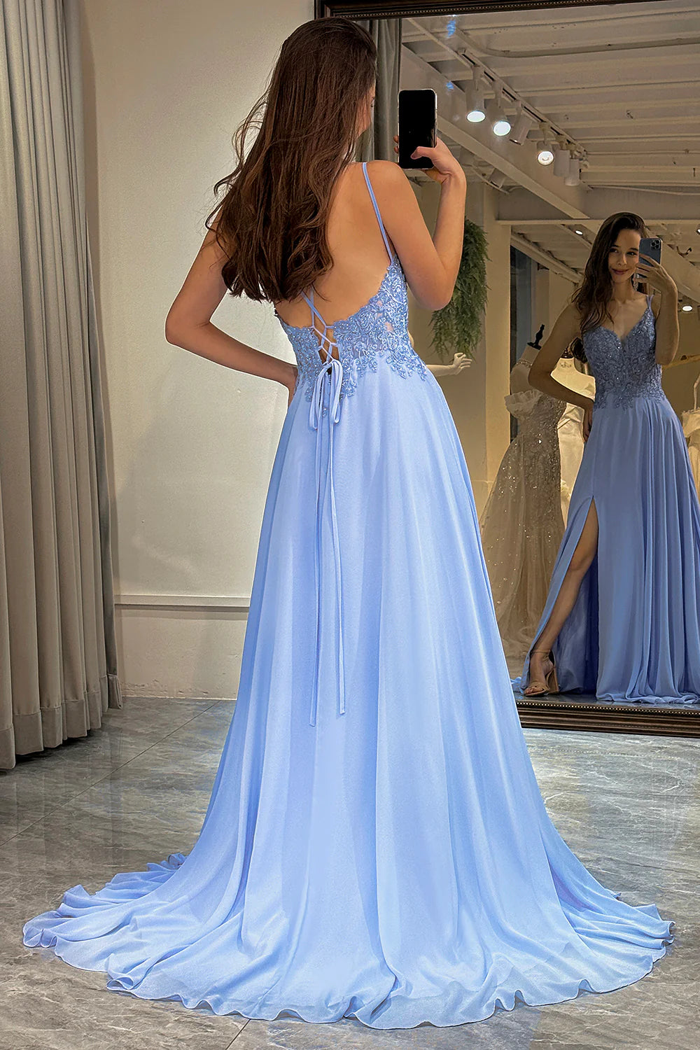 Blue Chiffon A-line Edition Long Split Beaded Strap Ball Dress