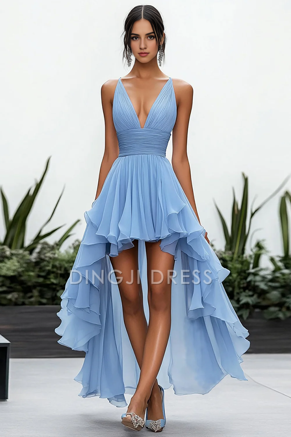 DingJiDress High Quality Dress A Line Deep V-Neck High-Low Chiffon Ruched Fashion Prom Dress