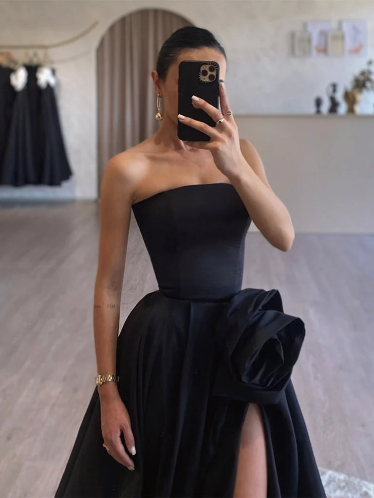 A-Line Satin Black Long Prom Dress  Black Long Formal Dress