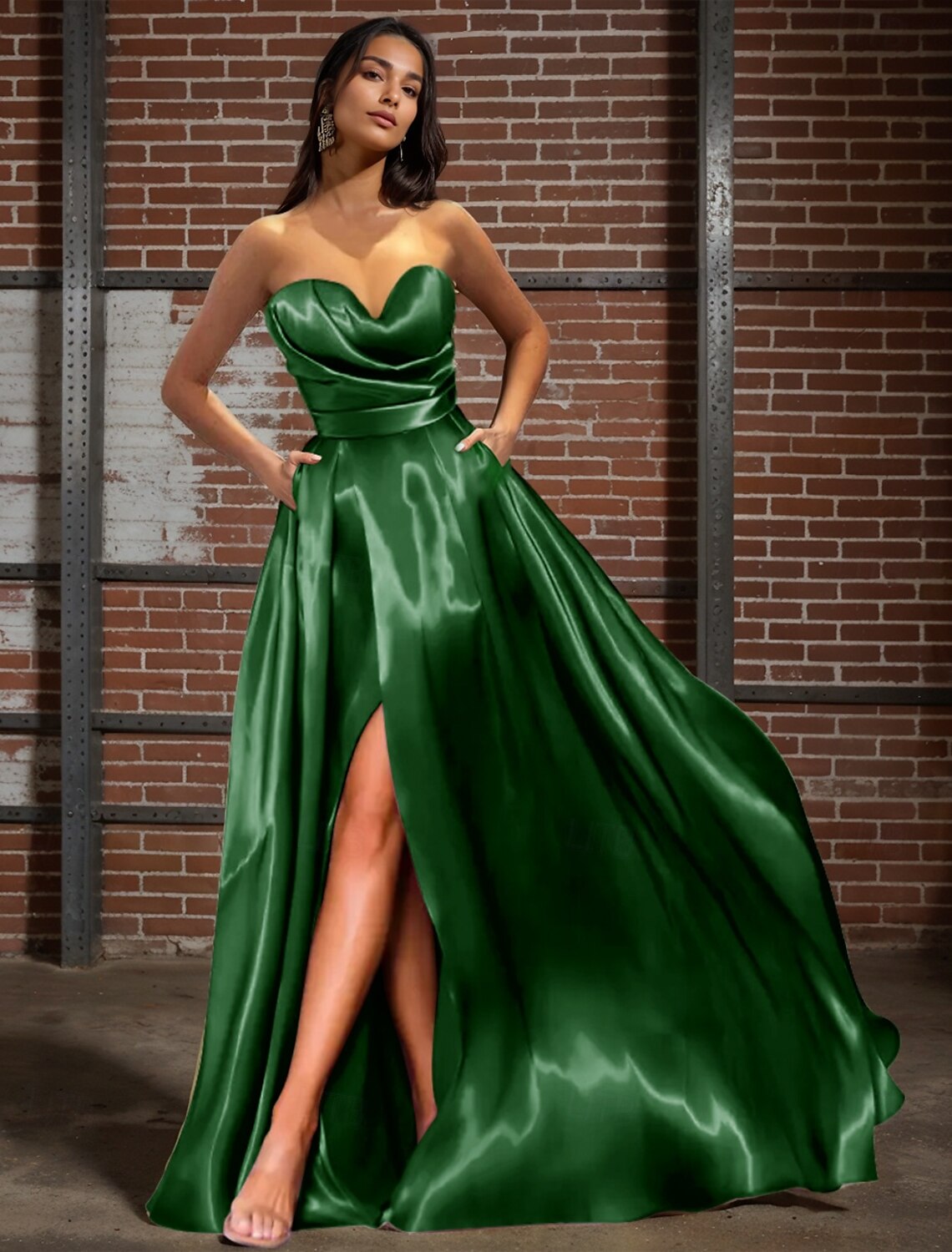 A-Line Evening Gown Celebrity Style Dress Carnival Wedding Reception Floor Length Sleeveless Sweetheart Satin with Ruched Pocket