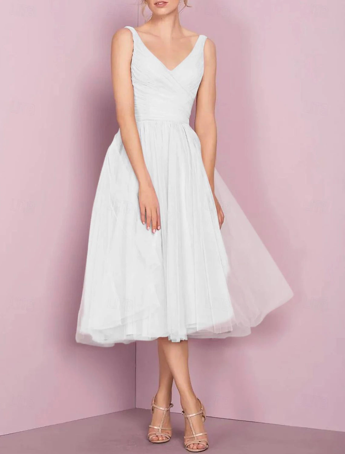 A-Line Cocktail Dresses Flirty Dress Homecoming Graduation Knee Length Sleeveless V Neck Pink Dress Tulle with Pleats