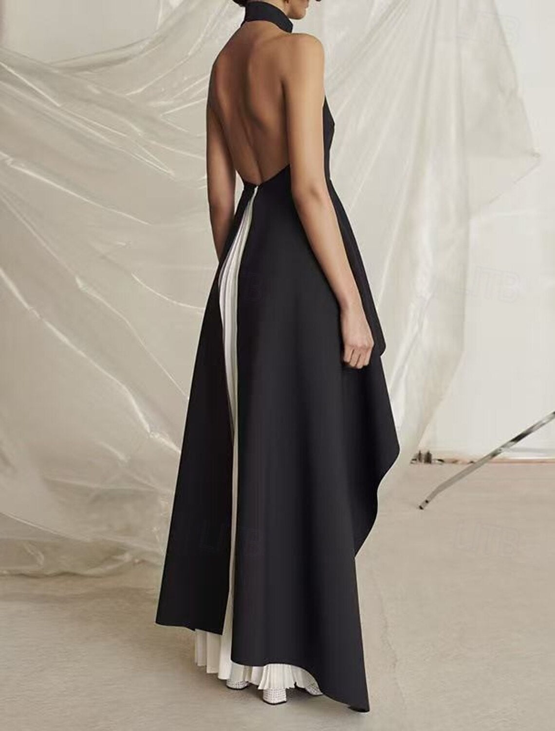 A-Line Evening Gown Black Dress Dress Evening Party Black Tie Gala Floor Length Sleeveless Stand Collar Wednesday Addams Family Chiffon Backless with Pleats Slit
