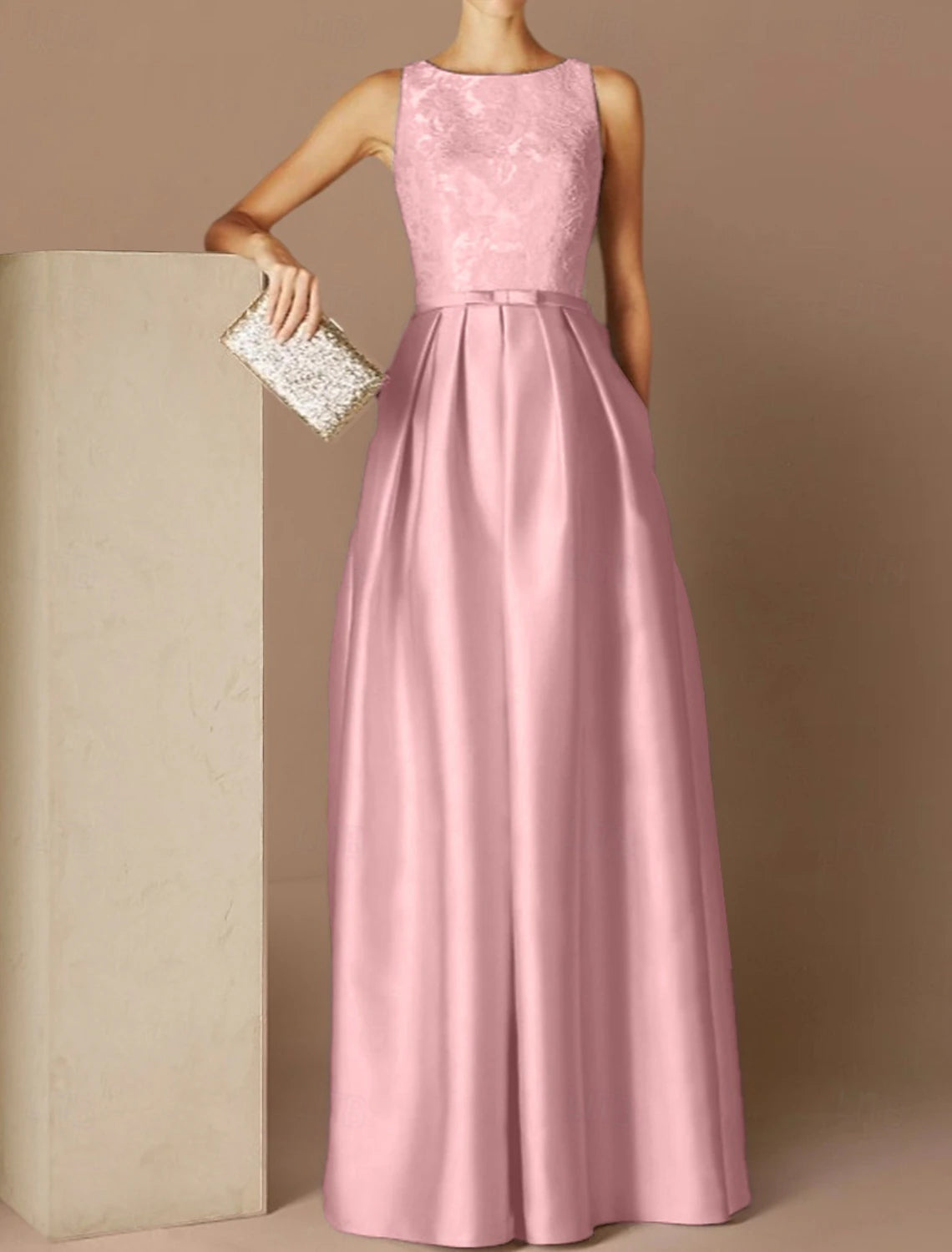 Beach Wedding A-Line Evening Gown Elegant Dress Formal Evening Floor Length Sleeveless Jewel Neck Fall Wedding Guest Satin with Sash / Ribbon Pleats Appliques