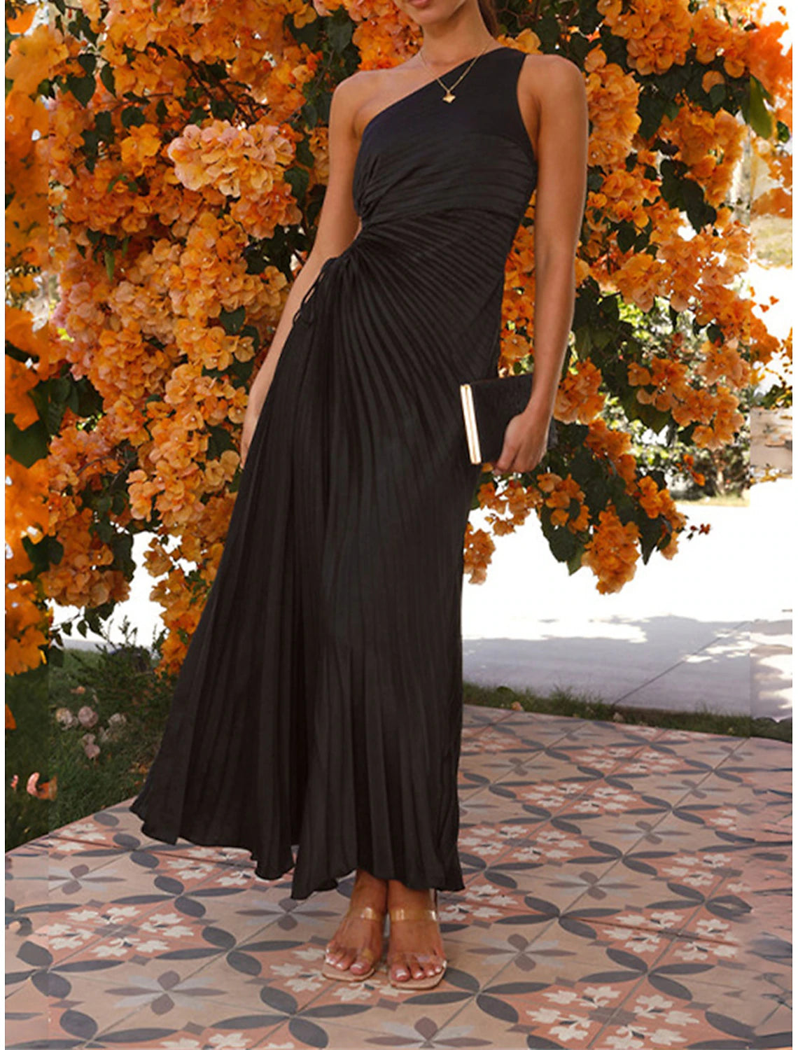 Women's Prom Dress Party Dress Cut Out Dress Pleated Drawstring One Shoulder Sleeveless Valentine's Day Wedding Guest Elegant Black Light Purple Summer Spring