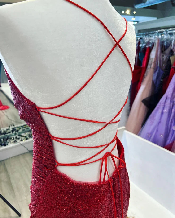 Sparkling mermaid V-neck red glitter dance dress with slit