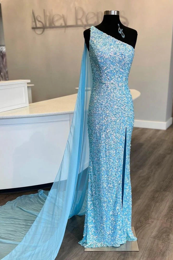 Sparkling mermaid single shoulder blue sequin dance dress with slit