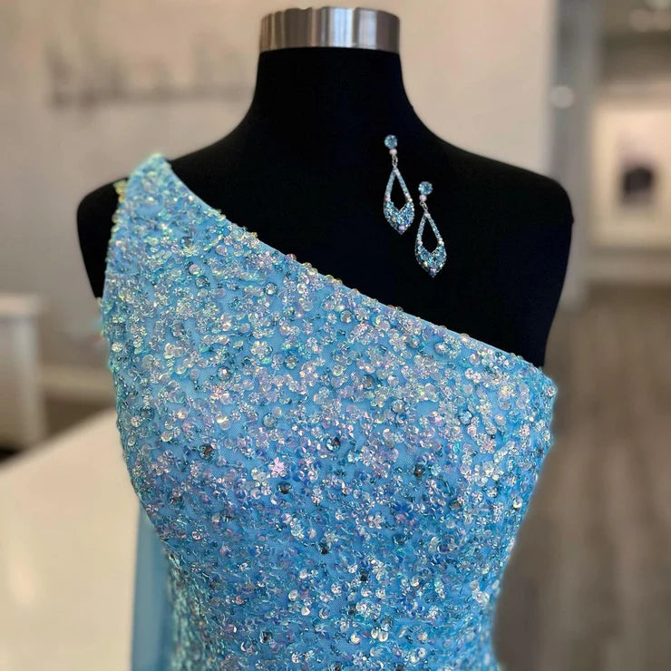 Sparkling mermaid single shoulder blue sequin dance dress with slit
