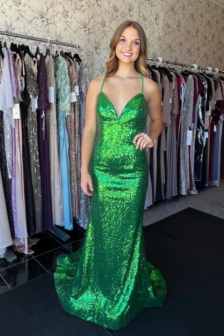 Sparkly Mermaid V Neck Green Sequins Long Prom Dresses