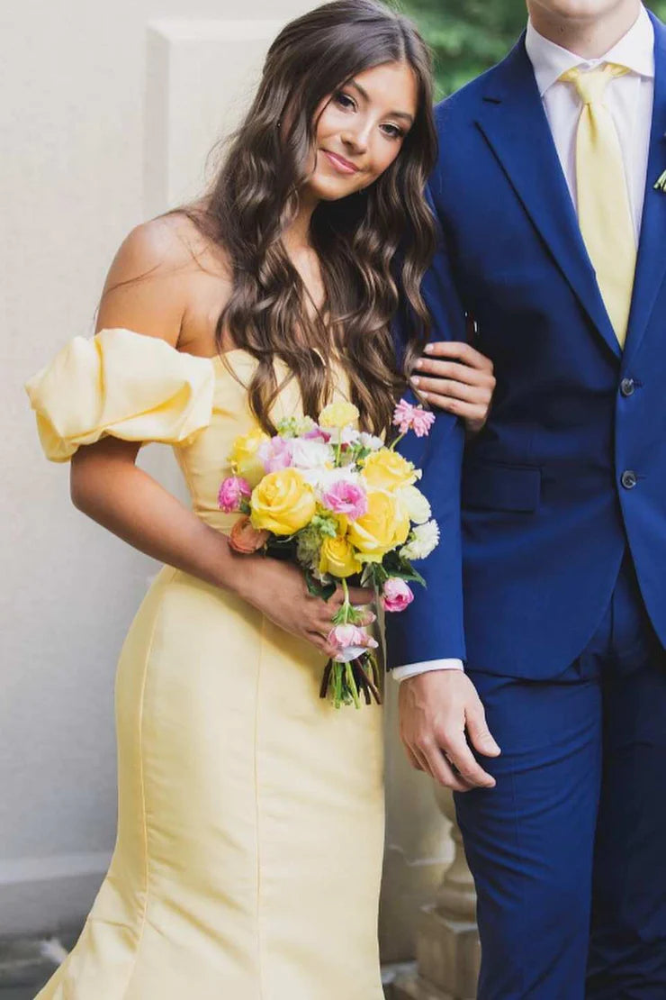 Mermaid strapless yellow satin ball dress with bow tie