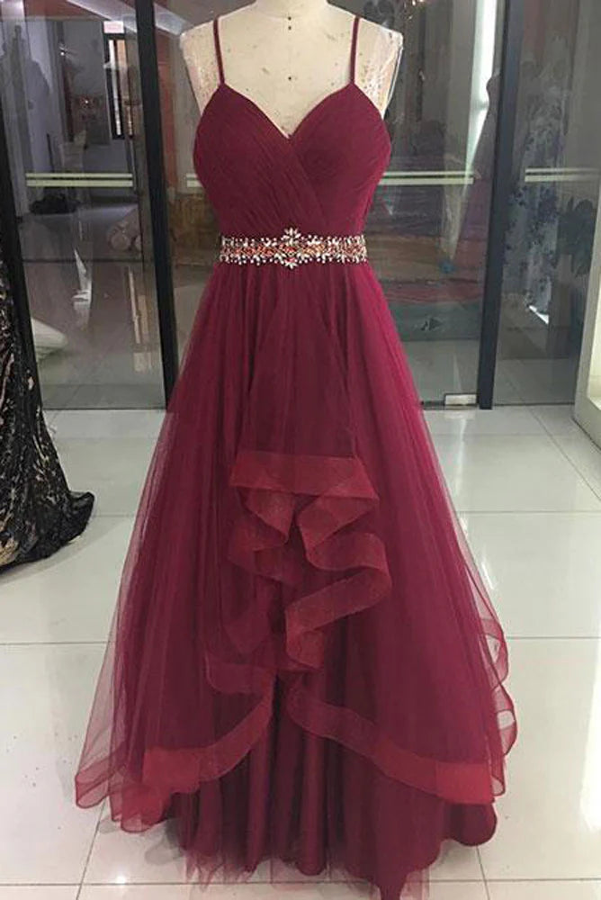 Burgundy sweetheart tulle long prom dress burgundy evening dress
