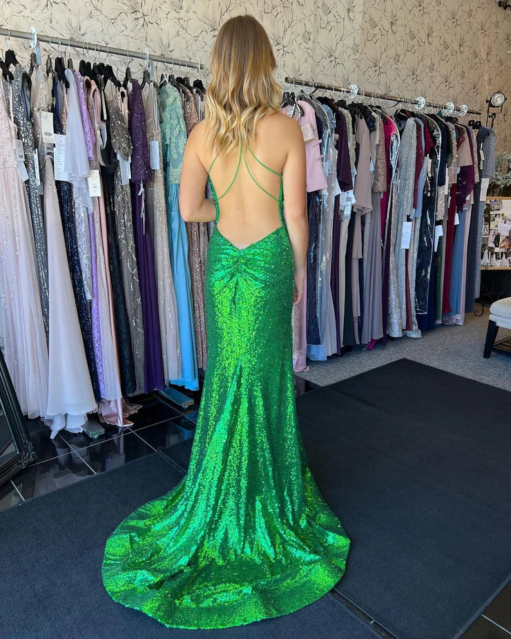 Sparkly Mermaid V Neck Green Sequins Long Prom Dresses