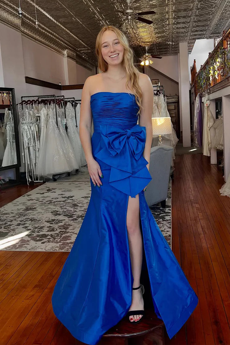 Mermaid Strapless Royal Blue Satin Long Ball Dress with Bow