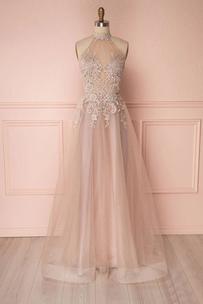Unique lace applique tulle long prom dress tulle evening dress