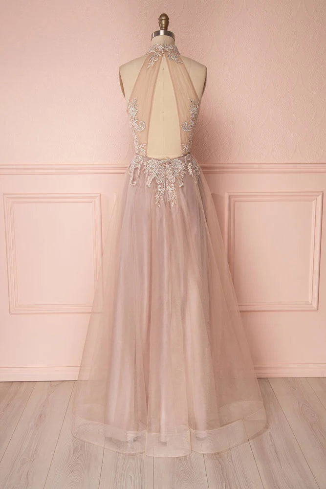 Unique lace applique tulle long prom dress tulle evening dress