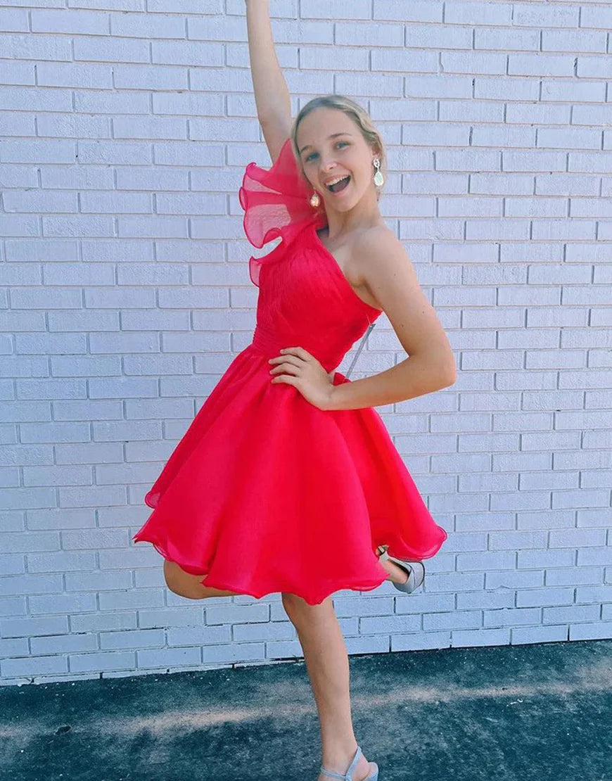 One Shoulder White A Line Cute Homecoming Dress with Ruffles