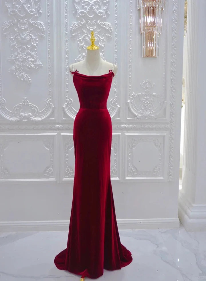 Wine Red Mermaid Straps Long Evening DressWine Red Velvet Party Dress