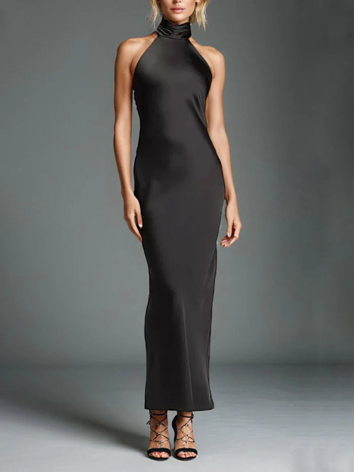 Black Backless Prom Dress Halter Sheath/Column Open Back Ankle Length Prom Dress