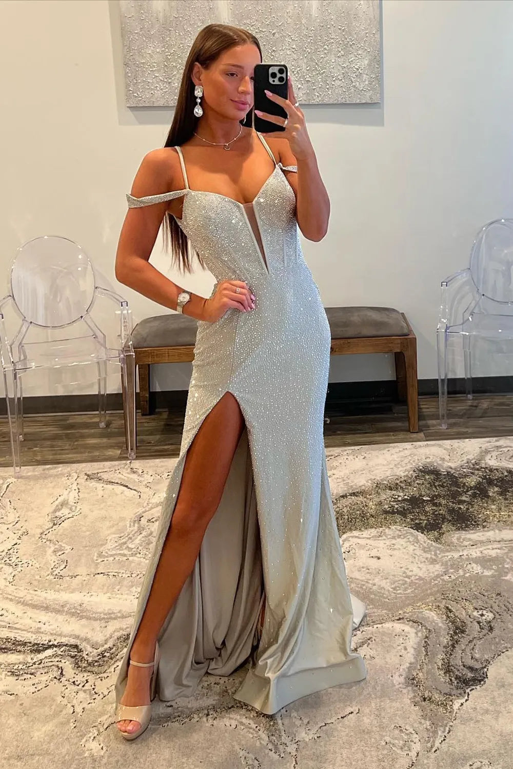 Mermaid Fashion Off Shoulder Long Split Beaded Ball Party Dress