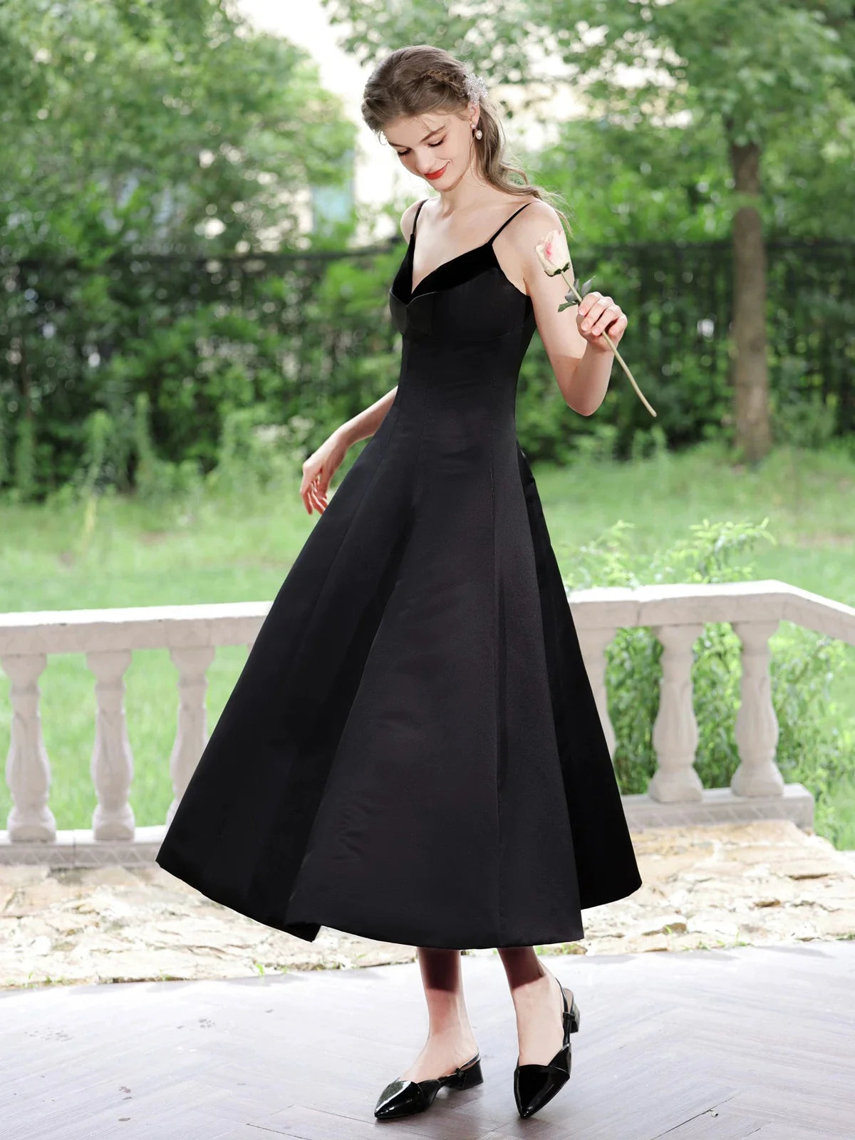A-Line V Neck Tea Length Satin Black Prom Dress  Black Formal Dress