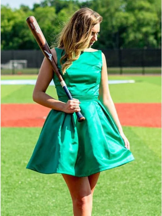 Simple Green Round Neck Satin Short Prom Cute Green Homecoming  Green Formal Evening