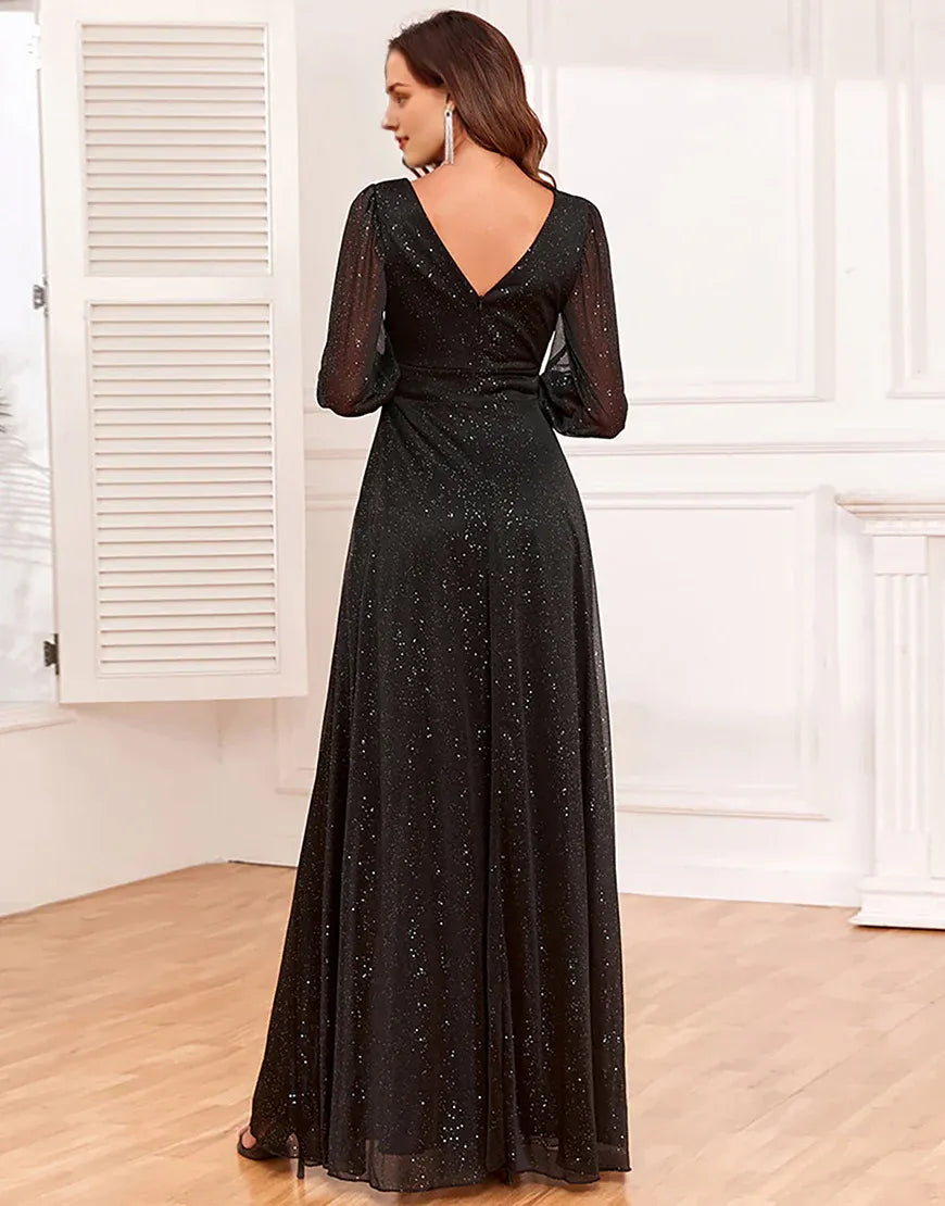 Glitter A-Line Long Sleeves Black Mother of The Bride Dress with Slit