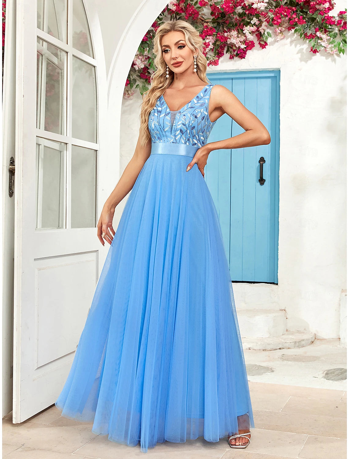 A-Line Evening Gown Elegant Dress Evening Party Prom Floor Length Sleeveless V Neck Belt&nbsp; Sash Tulle V Back with Glitter Embroidery