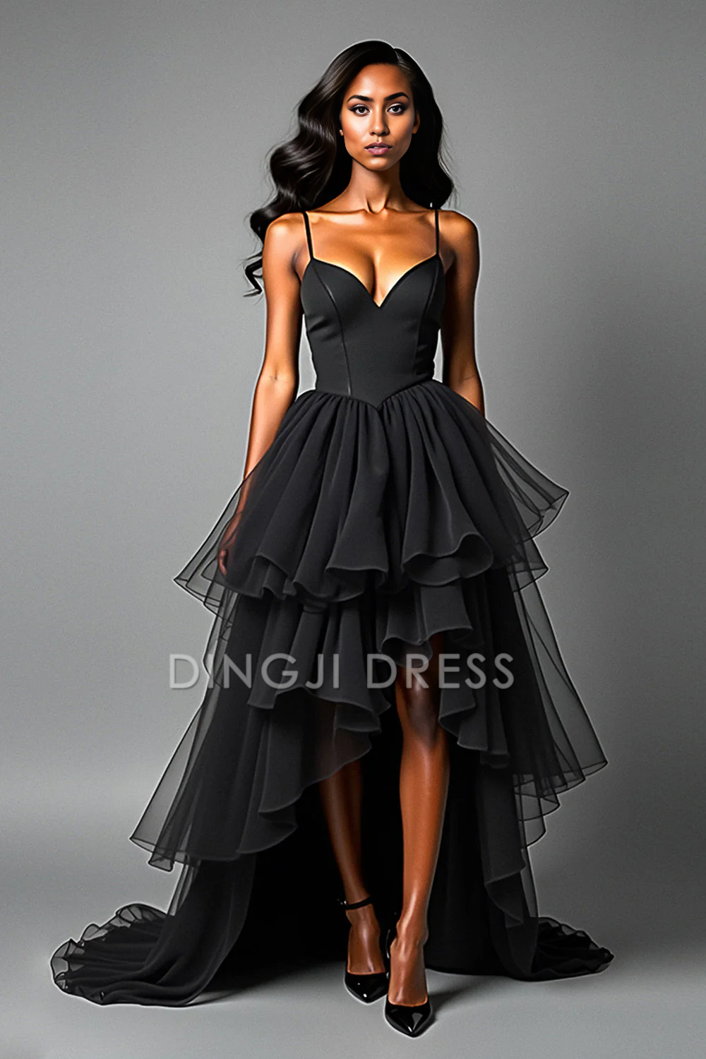 DingJiDress High Quality Dress Fashion A Line Spaghetti Strap Tiered Asymetrical Tulle Long Black Prom Dress