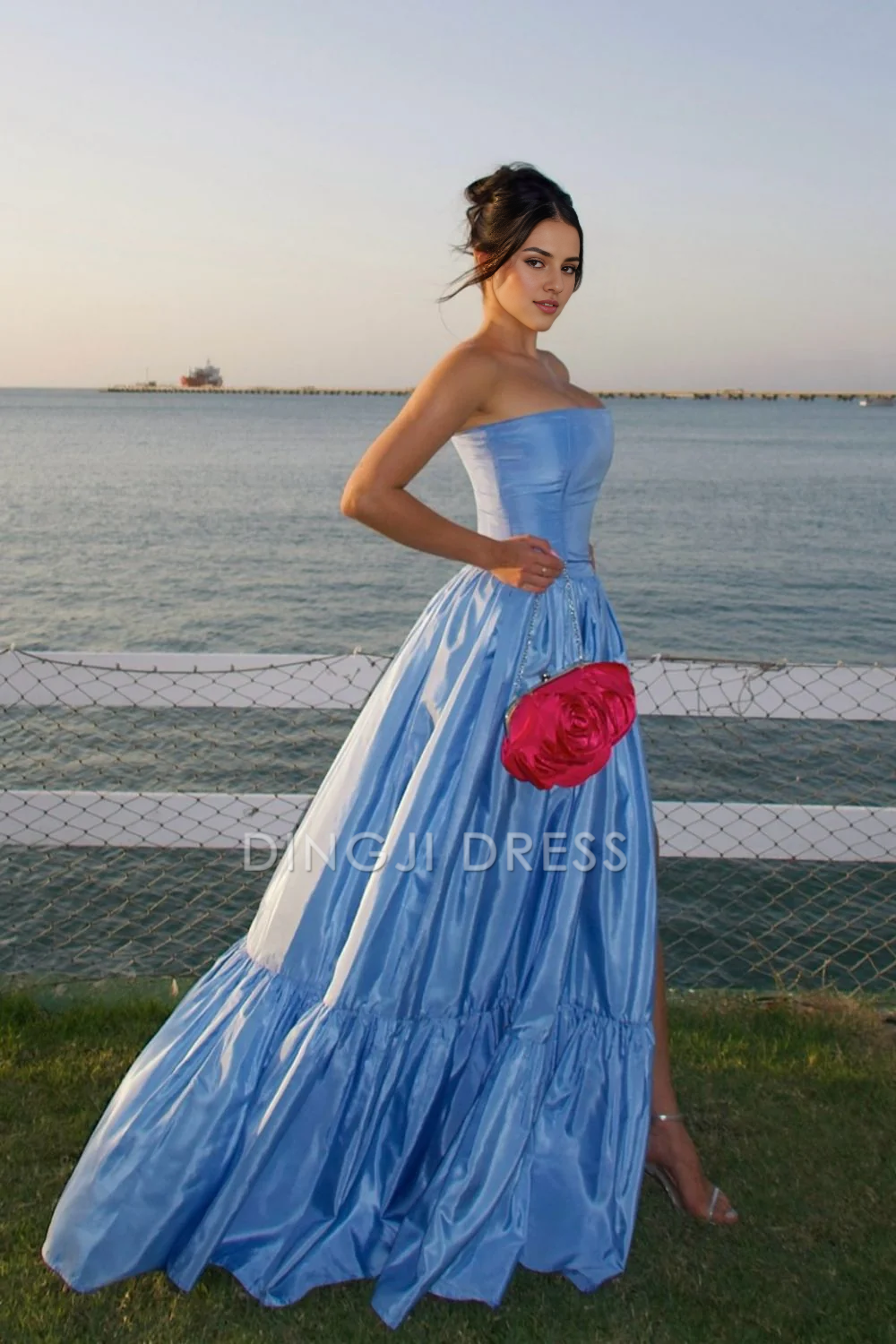 DingJiDress Charming A Line Strapless Satin Long with Split Front Elegant Prom Dress