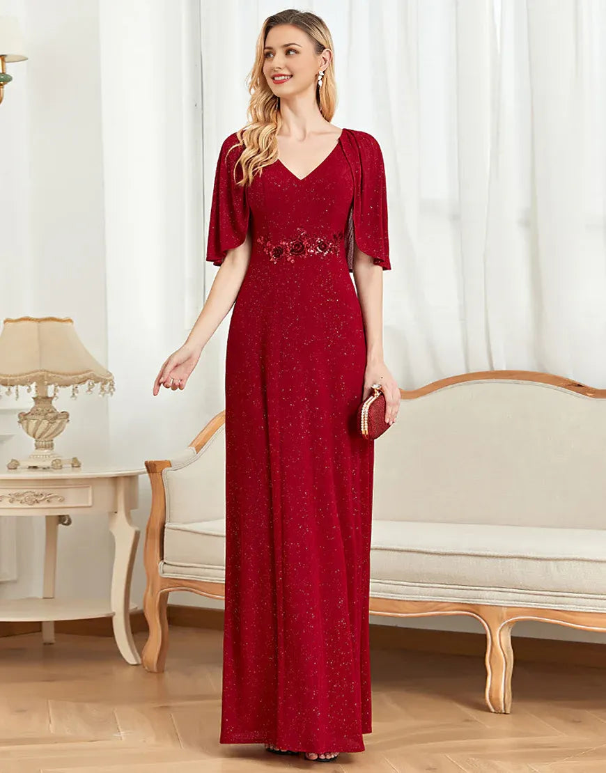 Glitter V-Neck Burgundy Mother of the Bride Dress with Cape ﻿