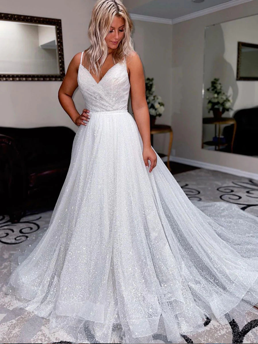 White v neck tulle sequin long prom dress white tulle formal dress