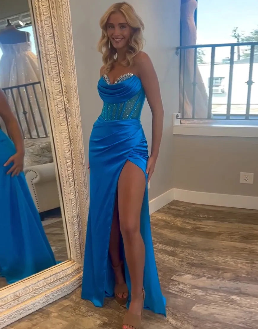 LRoyal Blue Mermaid sequin long satin slit strapless ball dress