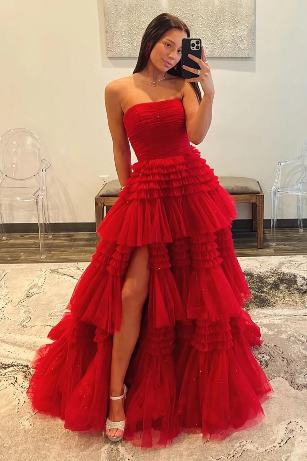 Fashionable and elegant A-line strapless long slit chiffon multi-layer dance party dress