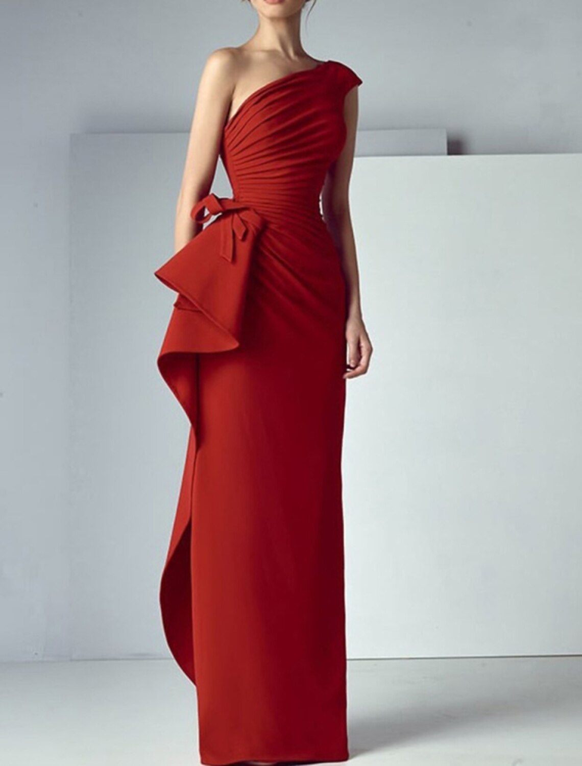 Sheath Evening Gown Elegant Dress Wedding Guest Engagement Floor Length Sleeveless One Shoulder Satin with Draping