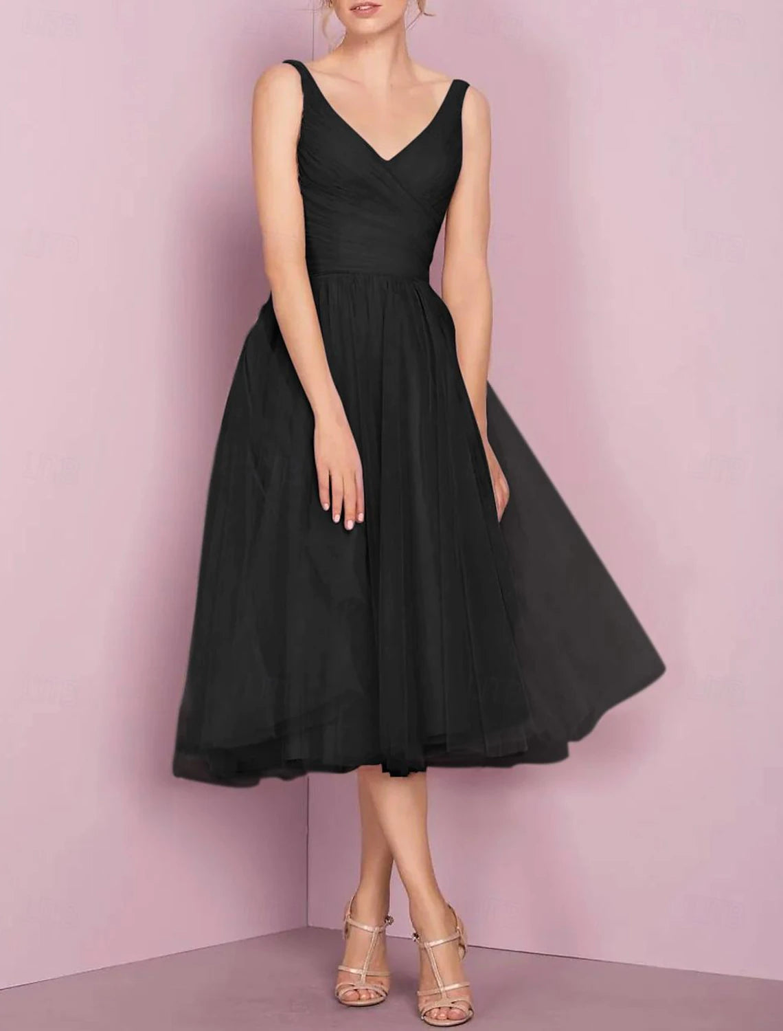 A-Line Cocktail Dresses Flirty Dress Homecoming Graduation Knee Length Sleeveless V Neck Pink Dress Tulle with Pleats