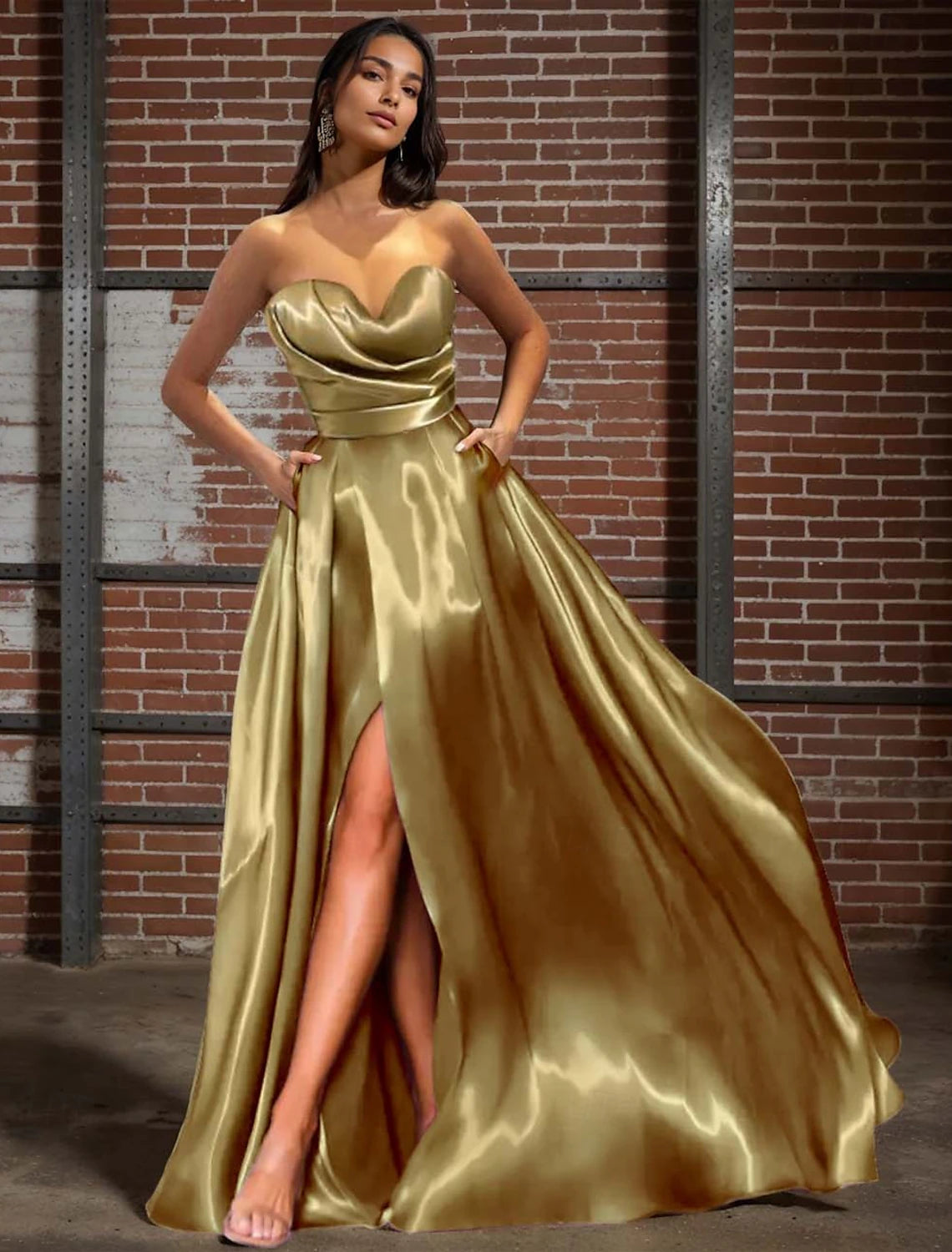 A-Line Evening Gown Celebrity Style Dress Carnival Wedding Reception Floor Length Sleeveless Sweetheart Satin with Ruched Pocket