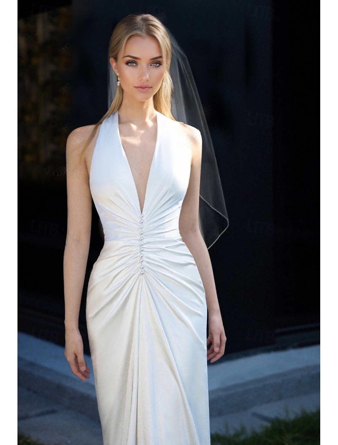 Mermaid&nbsp; Trumpet Prom Dresses Elegant Dress Wedding Sweep&nbsp; Brush Train Sleeveless V Neck Chiffon Satin with Pearls